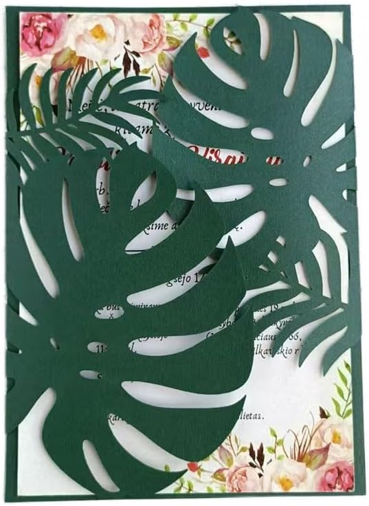 MillaSaw Emerage Green Laser Cut Invitation, Plame Wedding Laser Cut Jacket for 5x7 Card, Tropical Scene Wedding Invitation (emerage green)