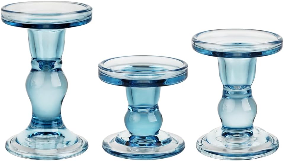 3-Piece Set of Blue Glass Candlestick, Crystal Candlestick Holder Holder and Conical Candle, Christmas Candle Holder Decoration, Family Living Room Wedding Candle Holder (Blue)