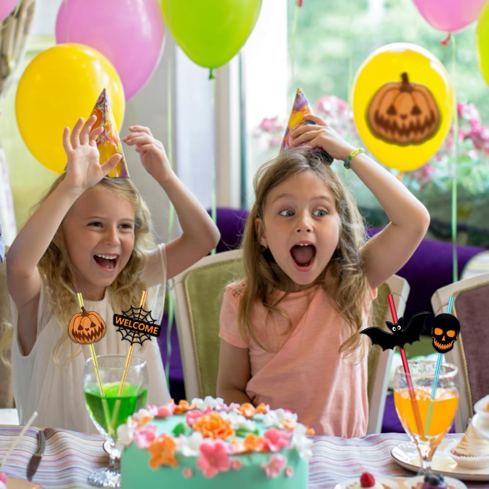 24 Pcs Halloween Party Favors - Reusable Plastic Crazy Straws with Bats, Pumpkin, Witch, Ghost Designs & 2 Cleaning Brushes - 6 Colors