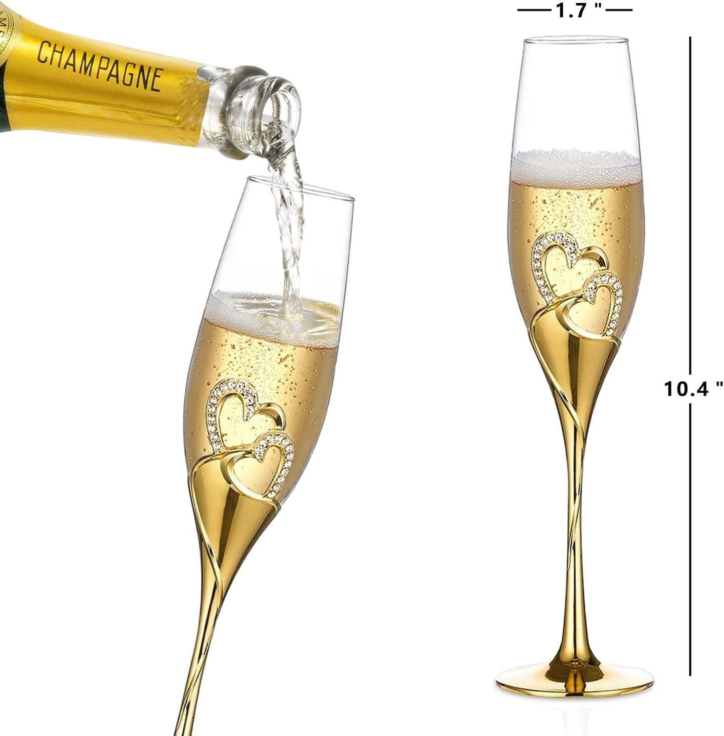 Wedding Cake Knife and Server Set, Gold Wedding Champagne Fluteswith Twin Heart Base and Rhinestone Detailing, Toasting Glasses for Couple Bride and Groom, Cake Cutting Set of 6