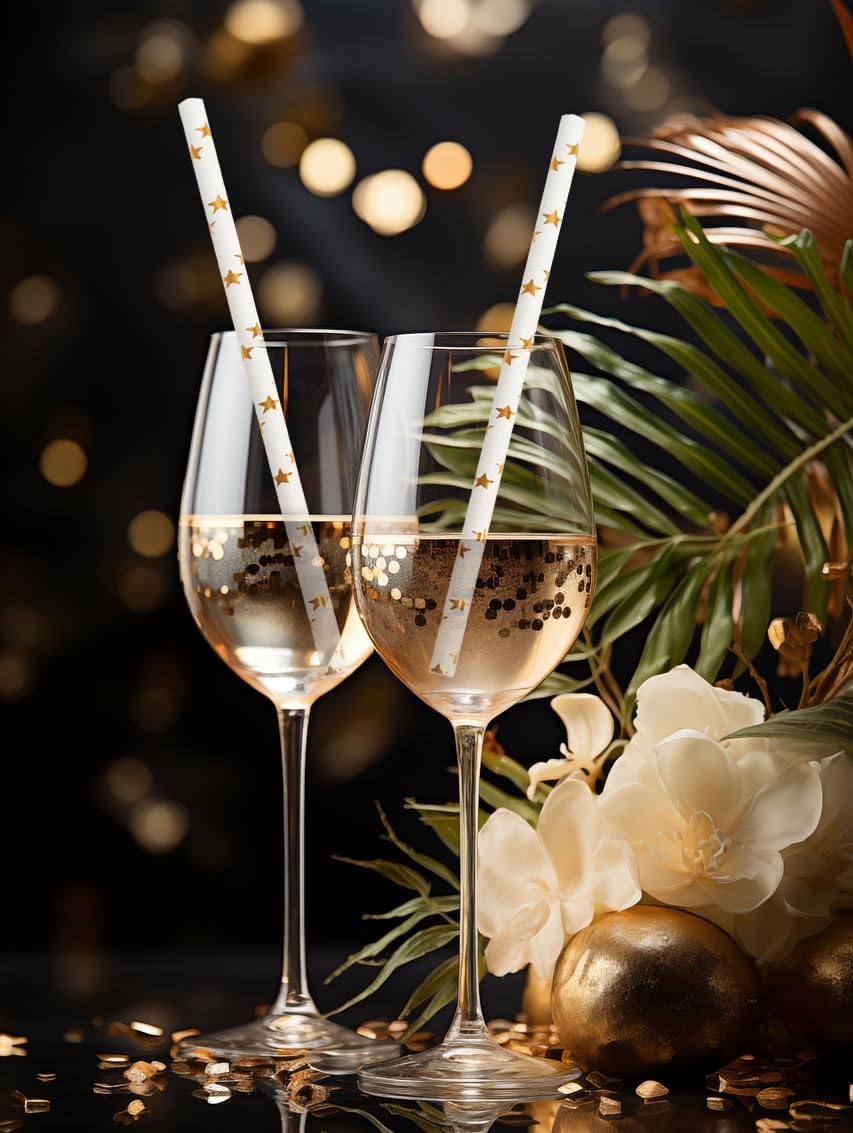 Paper Straws Disposable, Cocktail Metallic Gold Star Straws Drinking Biodegradable Straws for Holiday, Party, Wedding - 100 Count,7.75 Inch