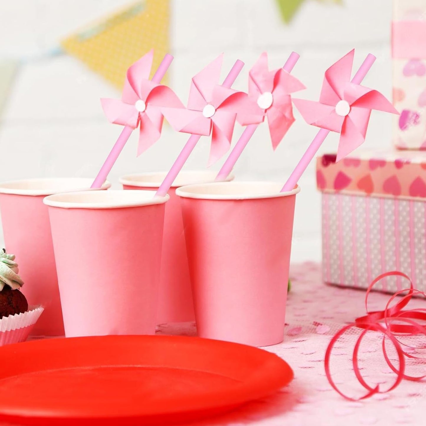 Solid Pink Disposable Paper Drinking Straws 7.75 inch 100 Counts - for Party, Cocktails, Cake Pops, Bars, Restaurants