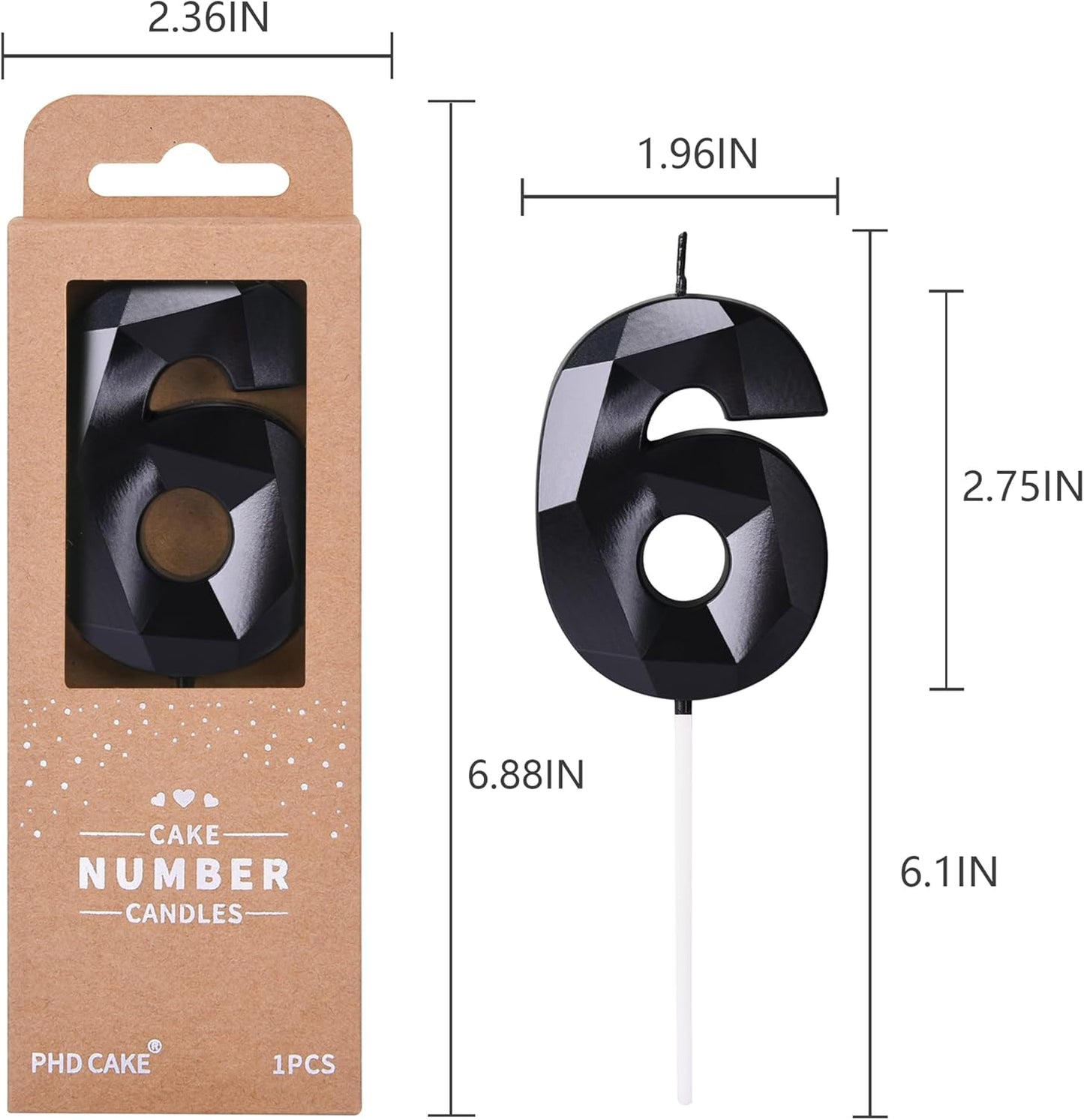 PHD CAKE 2.76 Inch Crystal Black 6 Number Birthday Candles, Black Number Candles, Cake Number Candles, Party Celebration