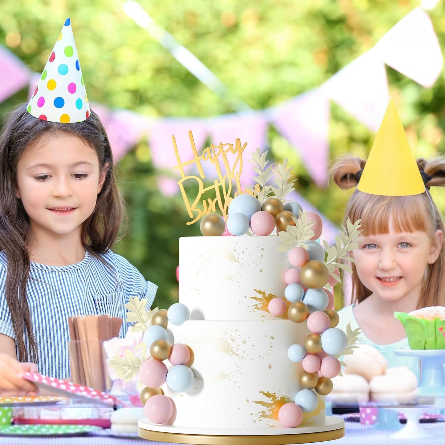 MIAHART Ball Cake Toppers Boho Grass Cake Topper Ball Cake Insert Decoration for Birthday Wedding Baby Shower Party Decorations Boho Themed Party Supplies (light blue,gold,light pink)