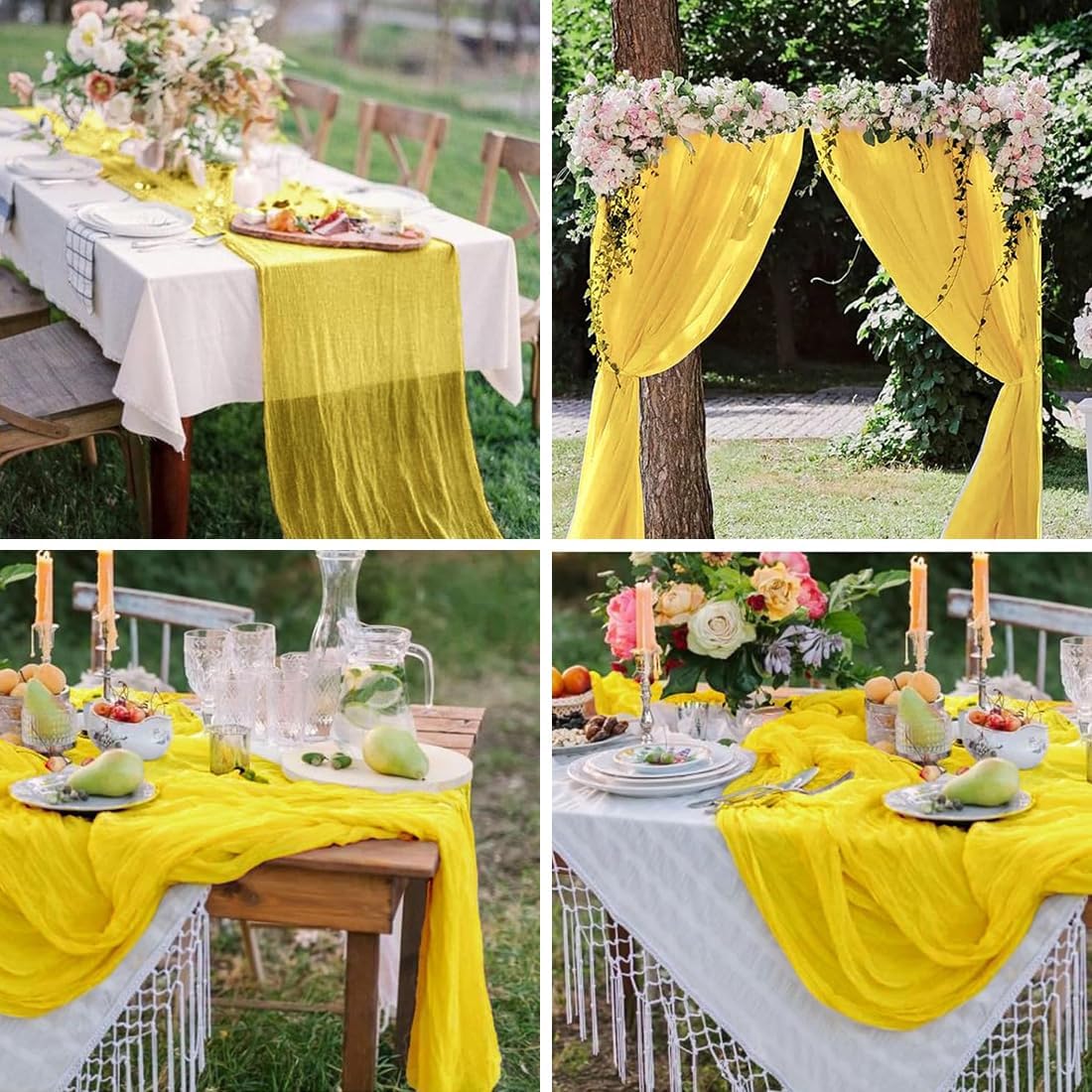10 Pack Yellow Cheesecloth Table Runner -21*120Inch Long Boho Wedding Table Decor, Rustic Gauze Fabric Runner for Bridal Showers, Baby Showers & Parties (Sheer, Lightweight, Wrinkled Design)