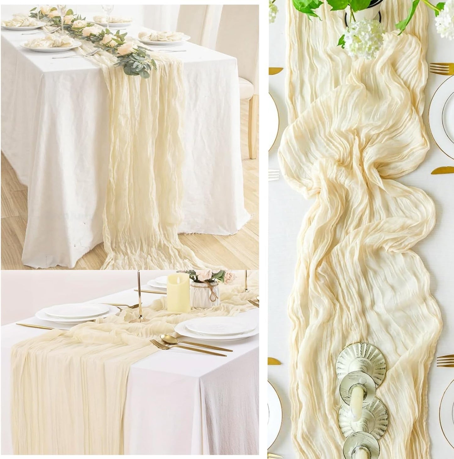 10FT 6 Pack Beige Cheesecloth Table Runner 20 x 120 Inch Long Rustic Gauze Fabric Cheese Cloth Table Runner for Wedding Bridal Baby Shower Table Decorations Boho Sheer Birthday Party Table Decor