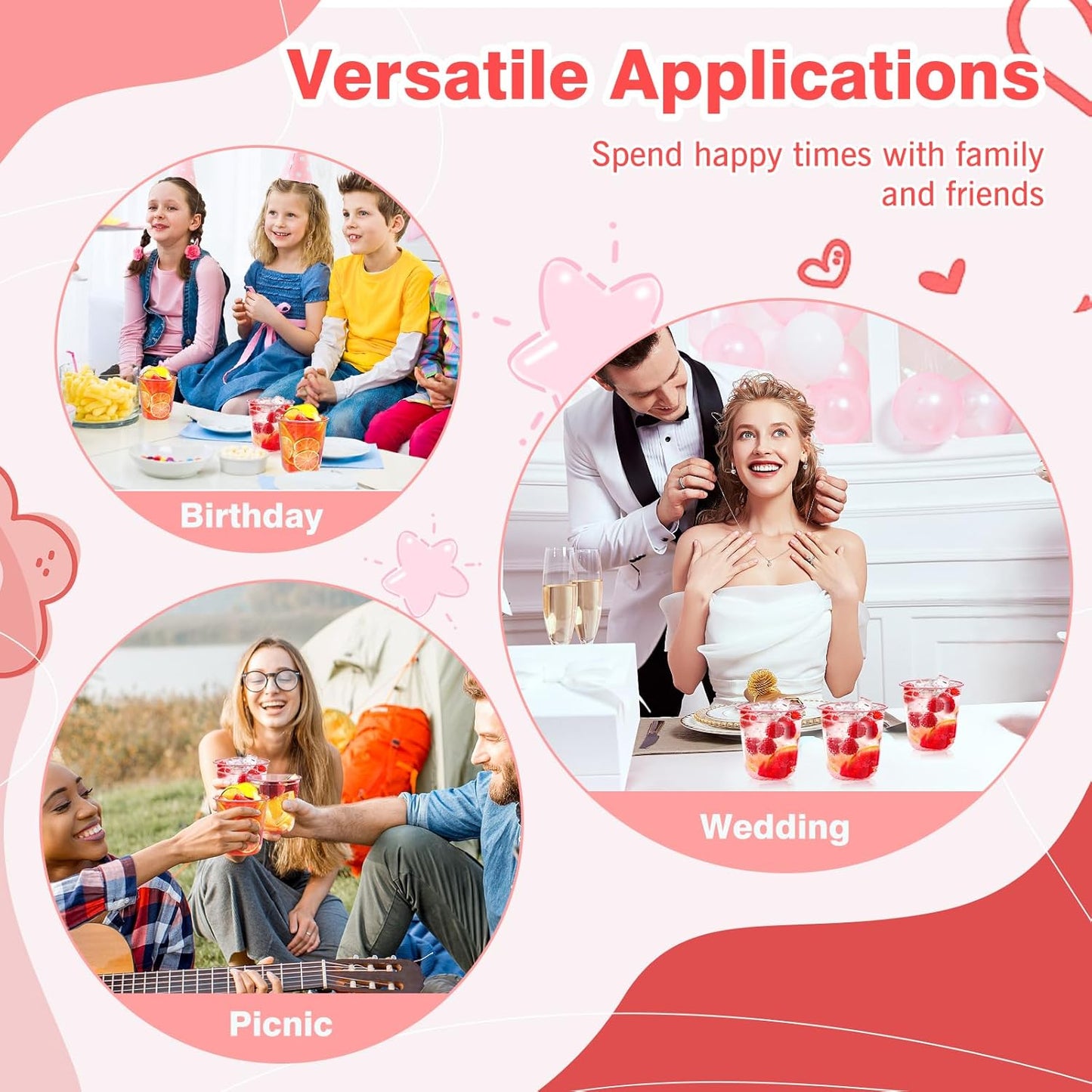 DI QIU REN 100PCS 12 OZ Pink Plastic Cups Pink Cups Disposable Wine Glasses Round Bottom Plastic Cup Martini Party Cup for Birthday Wedding Meeting Valentines Baby Showers Picnic Festive Celebrations