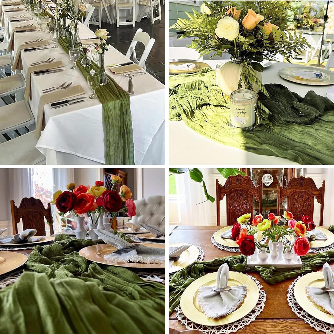 10 Pack Olive Green Cheesecloth Table Runner -21*120Inch Long Boho Wedding Table Decor, Rustic Gauze Fabric Runner for Bridal Showers, Baby Showers & Parties (Sheer, Lightweight, Wrinkled Design)