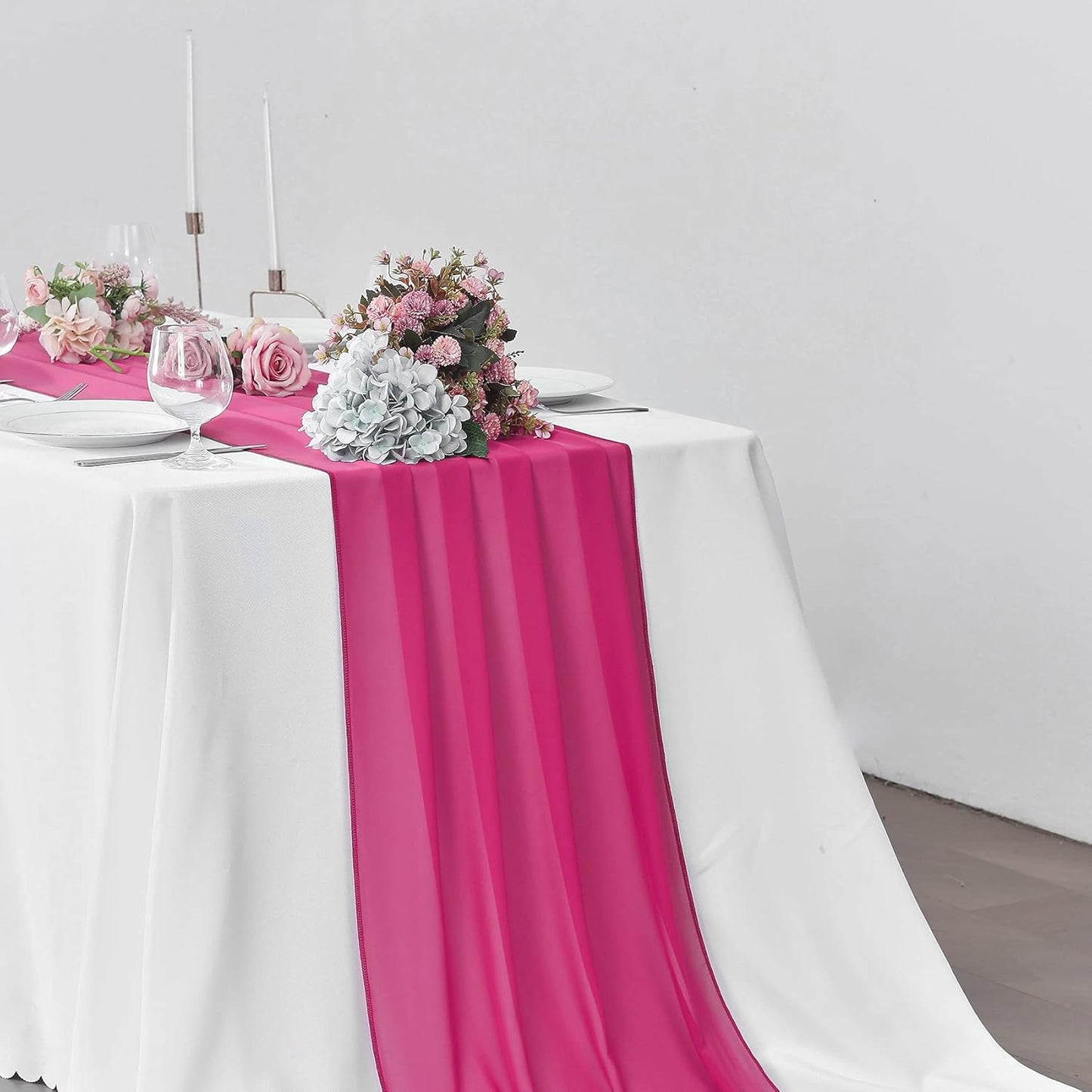 2 Pack 10Ft Fuchsia Chiffon Table Runner Sheer 29x120 Inch for Romantic Wedding Decor Bridal & Baby Shower Birthday Rustic Party Decoration