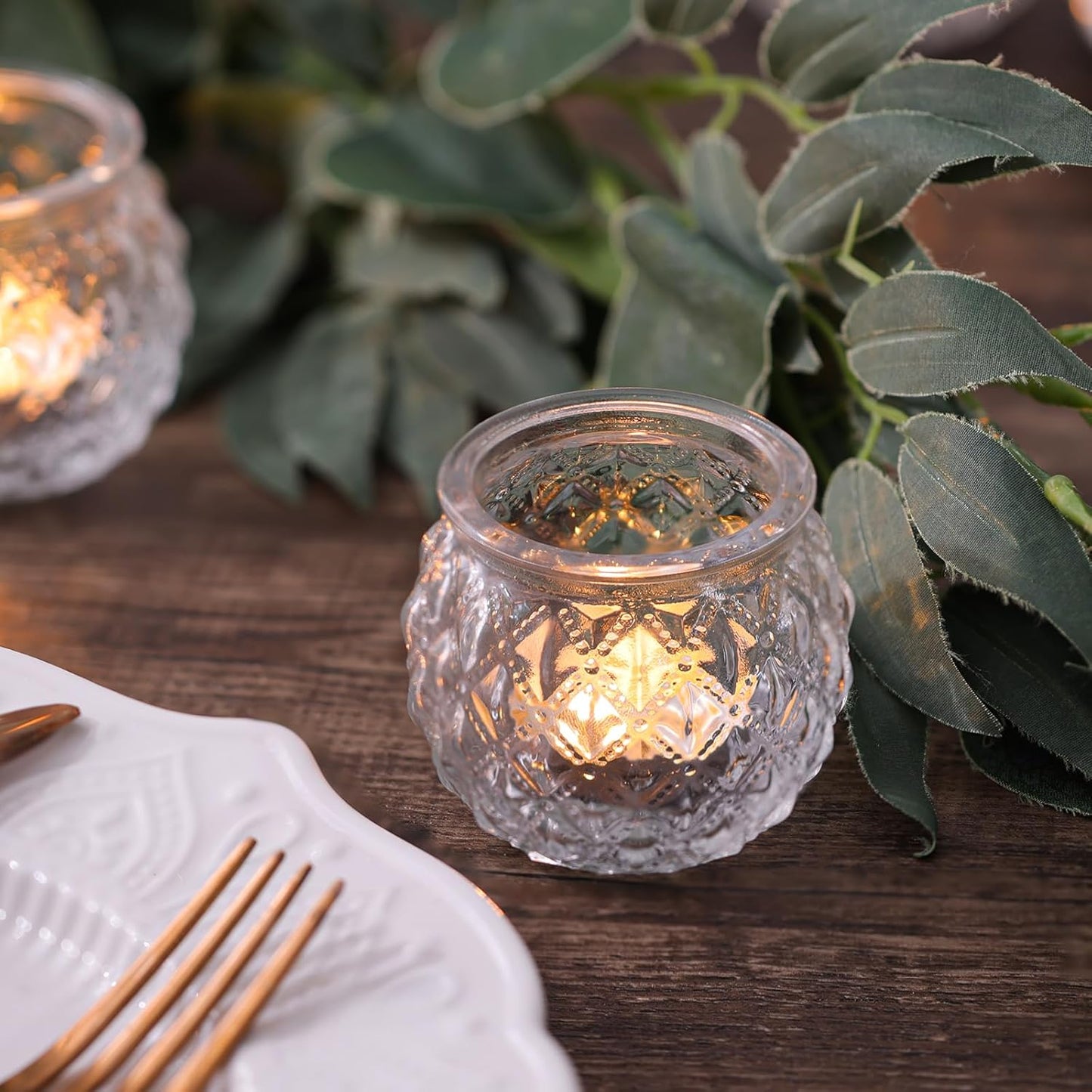 DARJEN 12Pcs Clear Votive Candle Holders - Round Glass Candle Holders for Tea Light Candle, Embossed Candle Votives for Wedding Centerpiece, Living Room & Home Table Decor