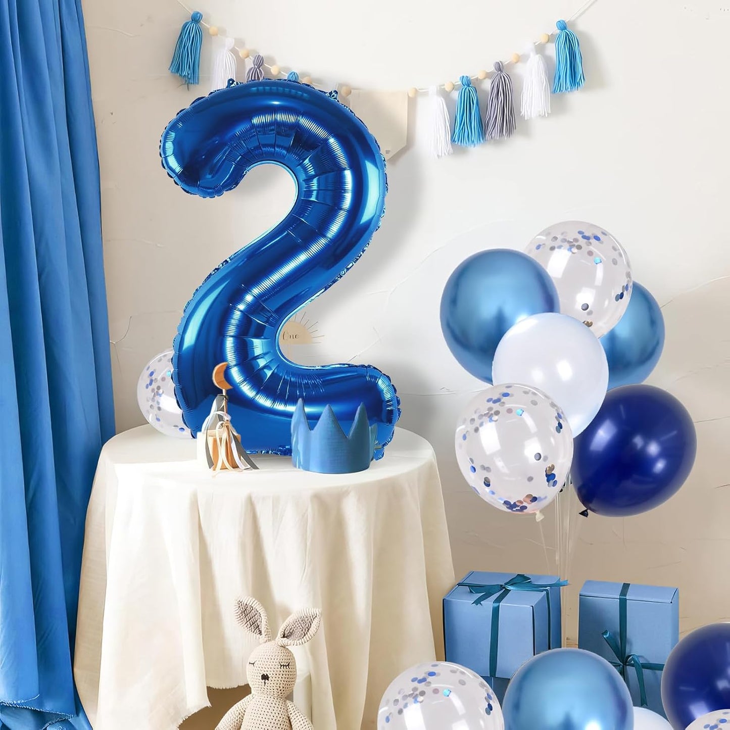 Foil Number Balloons - 2nd Birthday, Pastel Helium Balloons, 40 inch, Navy, Dark Blue, Silver Confetti, Self Inflating, Big Two, Boys' Birthday Party Decor