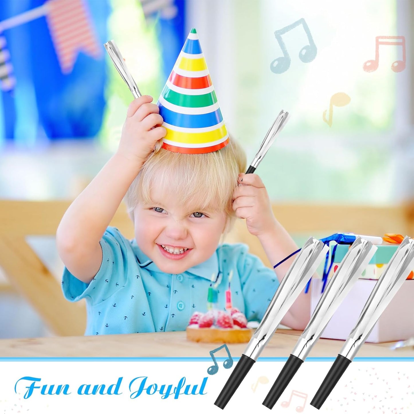 48 Pcs Silver Noise Makers Glitter Metallic Fringed Noise Makers Horns for Baby Shower, Kids Birthday, New Year Party Favor