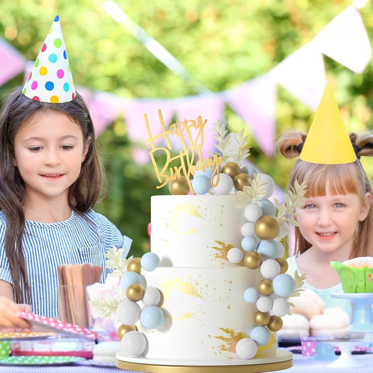 MIAHART Ball Cake Toppers Boho Grass Cake Topper Ball Cake Insert Decoration for Birthday Wedding Baby Shower Party Decorations Boho Themed Party Supplies (gold,light blue,white)