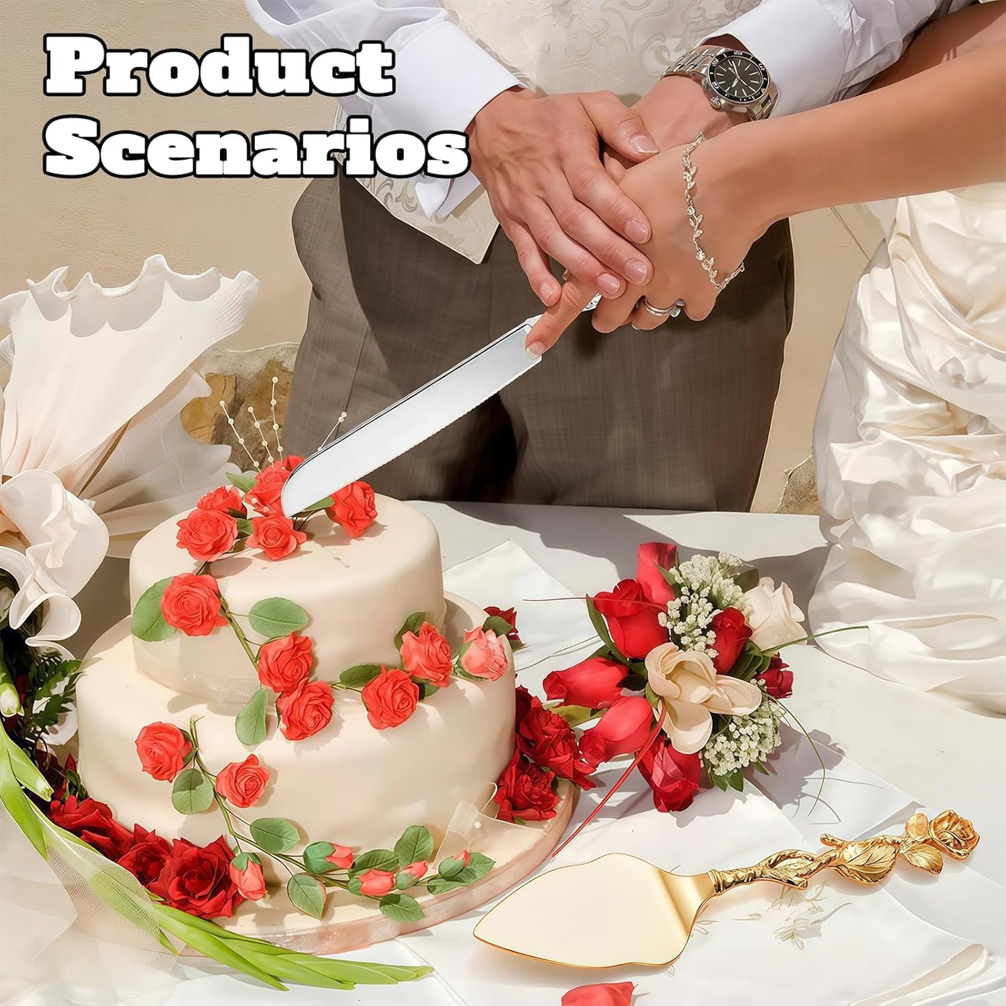 Personalized Wedding Cake Knife and Server Set, Custom Name/Date Cake Cutting Set for Wedding, Customized Cake Cutter for Bridal Anniversary Birthday Couple Gifts (Rose-Silver)