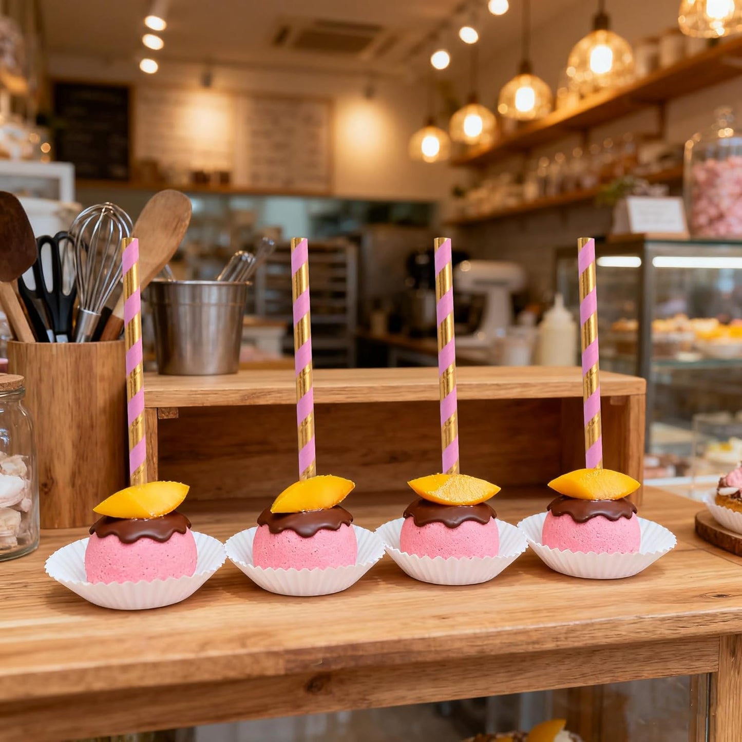 Paper Straws for drinking - Pink Gold Striped Biodegradable Disposable Paper Straws, 7.75 Inch, 100 Pieces