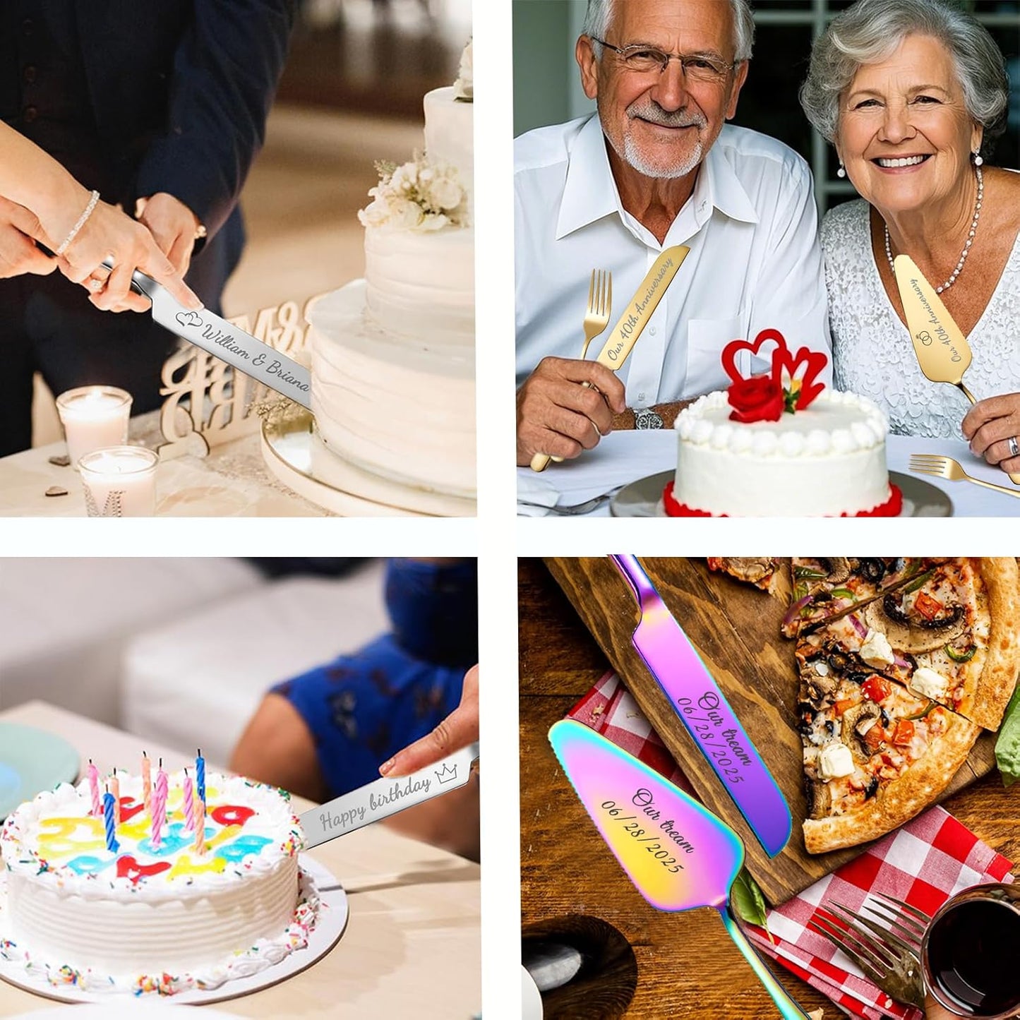 Personalized Wedding Cake Knife and Server Set, Custom Names Cake Cutting Set with Stainless Steel Forks, Customized Bridal Anniversary Birthday Wedding Registry Gifts (Silver)