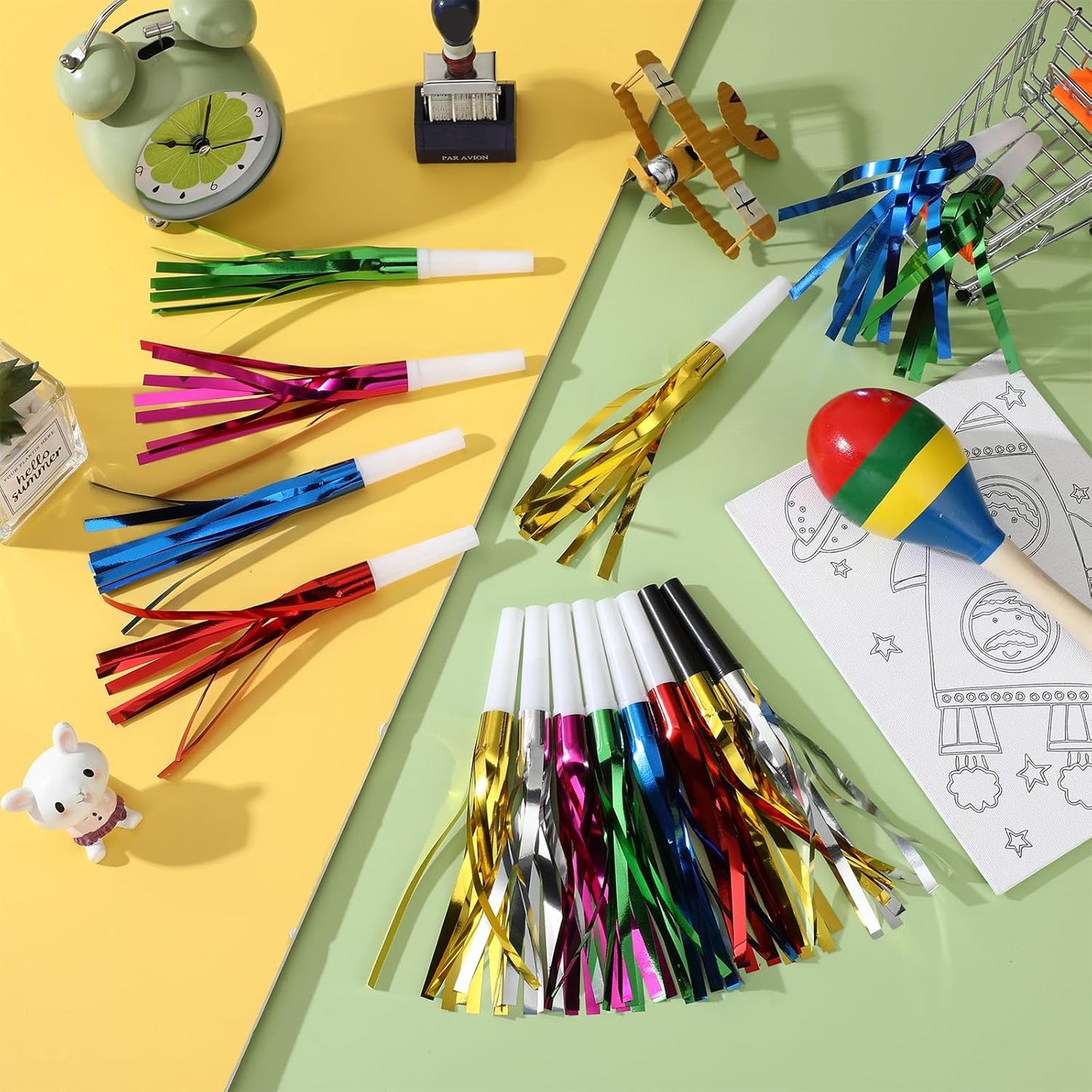 24 Pcs Gold Noise Makers Glitter Metallic Fringed Noise Makers Horns for Baby Shower, Kids Birthday, Wedding Party, New Year Party Favor