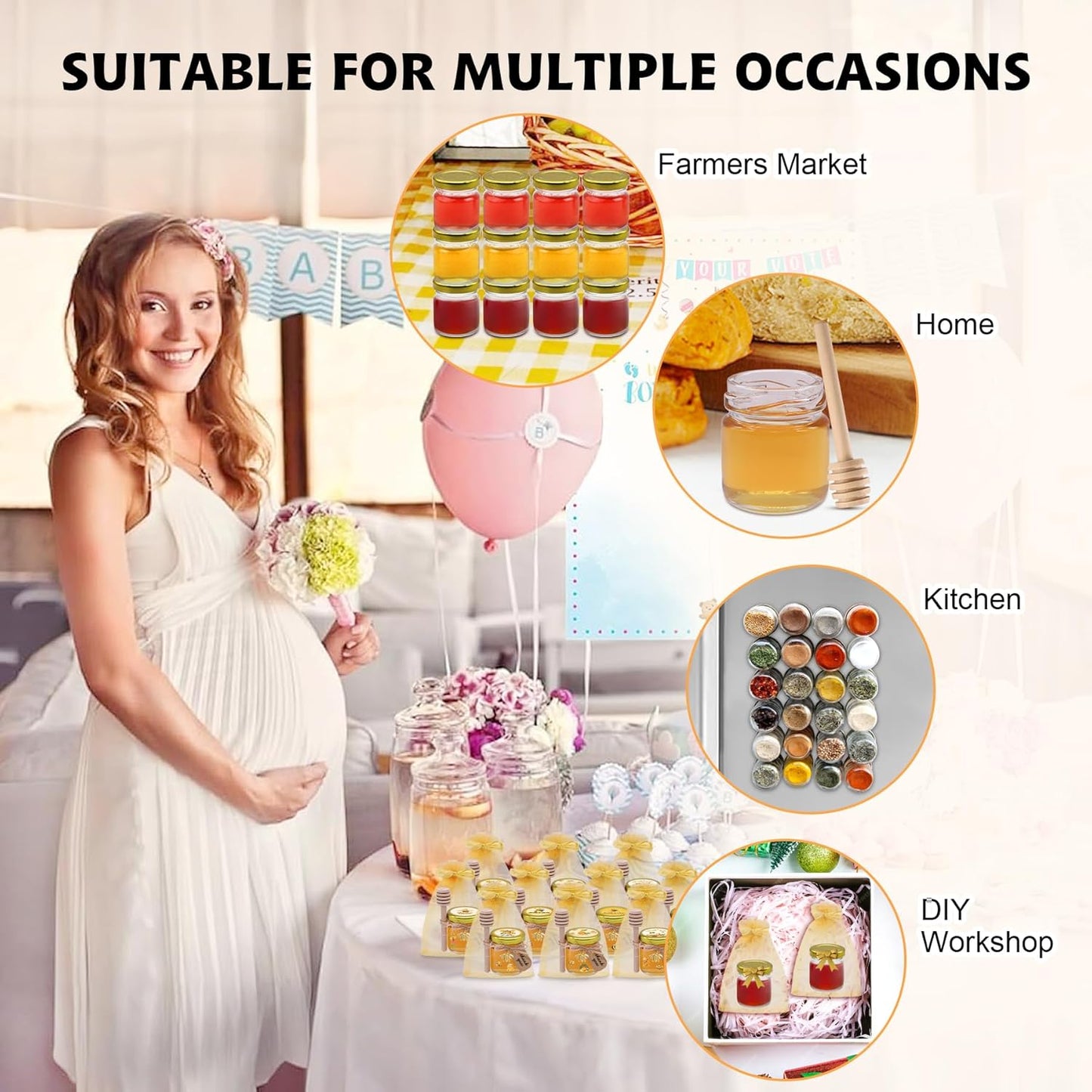 126 Pcs 1.5 oz Mini Round Glass Honey Jars with Dippers, Gold Lids, Bee Stickers, Bee Charms, Gift Bags & Jute– Empty Small Honey Jars for Party Favors Bulk, Ideal for Baby Showers & Weddings