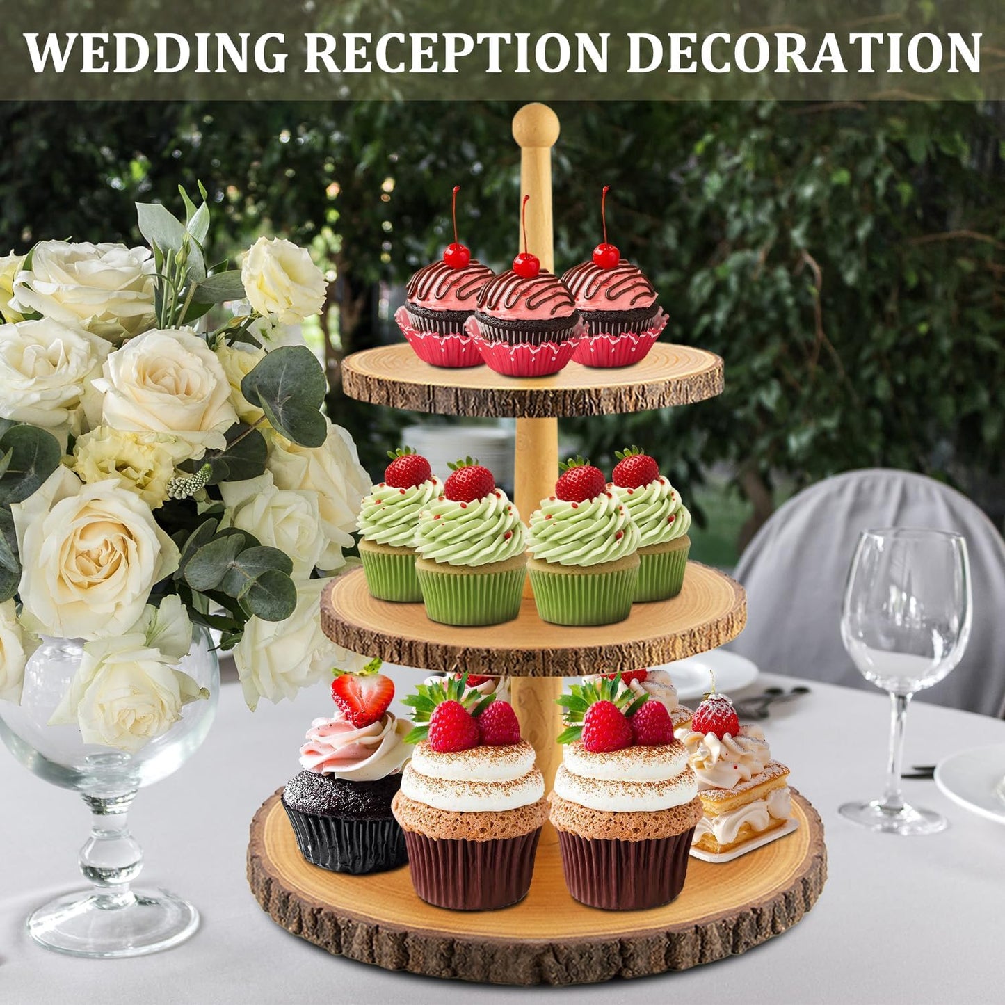 Cupcake Stand Wood Dessert Stands 3-Tier Wood Cupcake Stand - Elegant Farmhouse Dessert Display for Weddings, Baby Showers, Tea Parties, & More./Wedding Décor/Tea Party/Birthday/Graduation/Holiday.