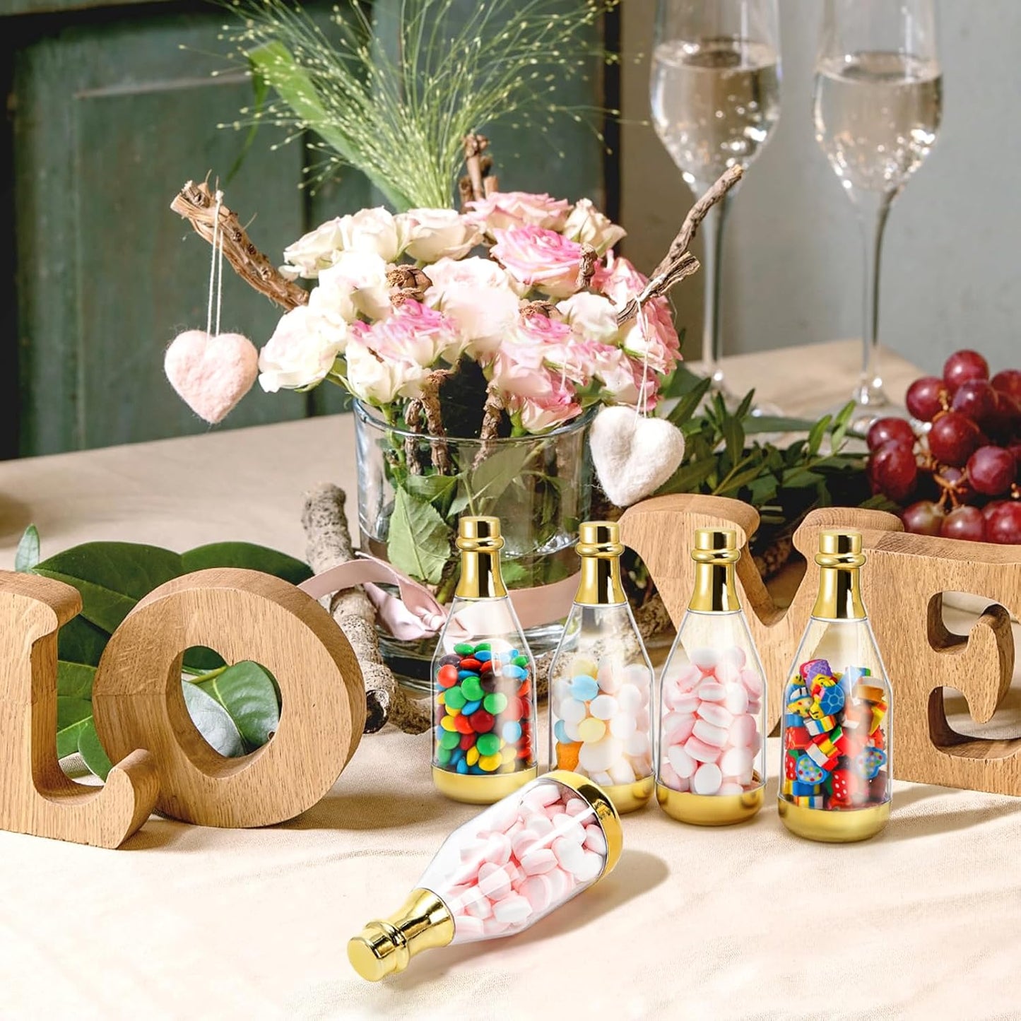 Frcctre 48 Pack Metallic Golden Mini Champagne Bottles, Plastic Champagne Candy Bottles Candy Jar Party Favor Containers for Wedding Birthday Party Bridal Shower Baby Shower