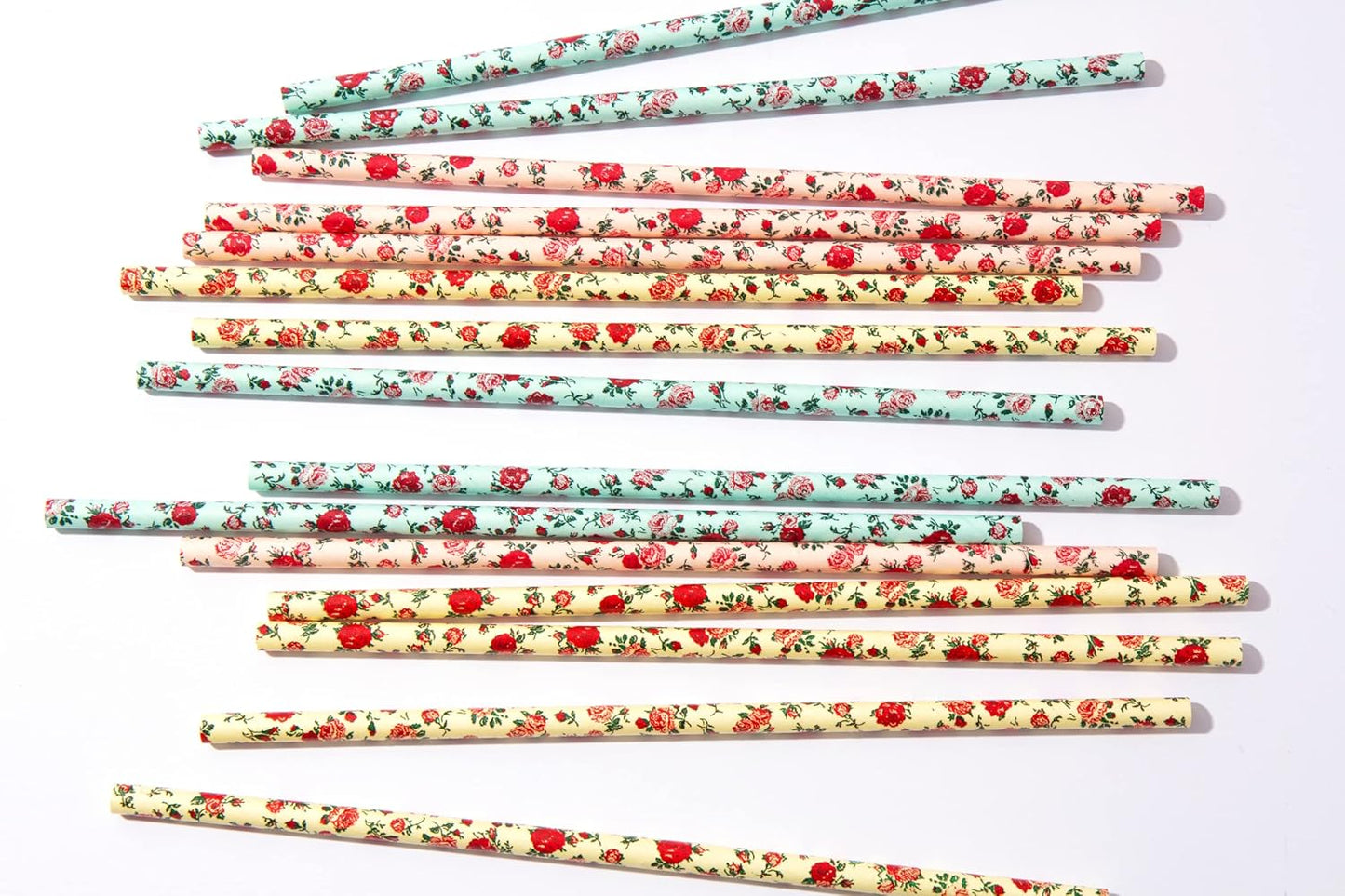 75-Pack Eco-Friendly Biodegradable Paper Straws - Vintage Rose & Floral Design in Pink, Blue, Yellow - Disposable Straws for Parties By JPACO