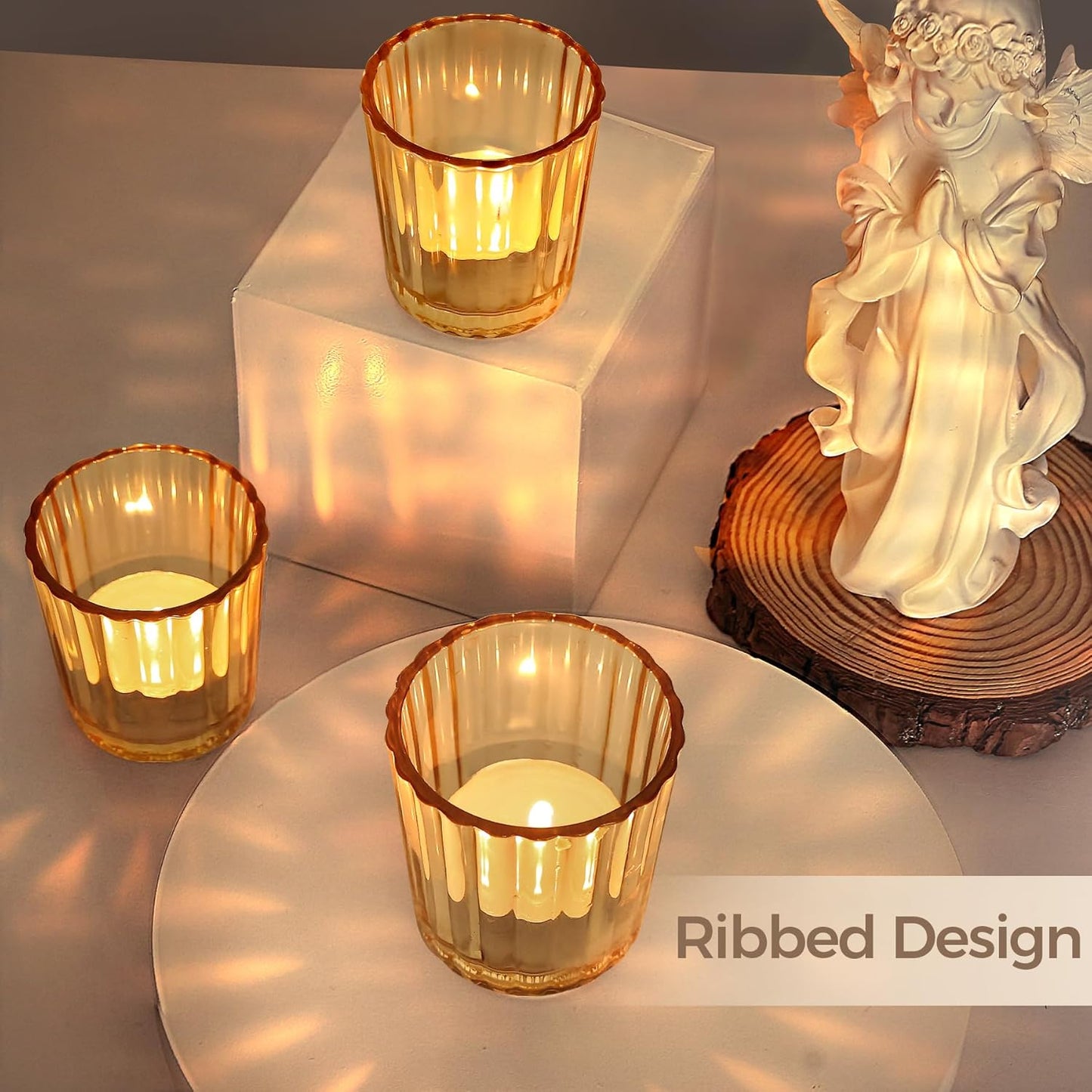 ComSaf Votive Candle Holders, 24 PCS Glass Candle Holders, Ribbed Tealight Candle Holder for Table Centerpieces, Gold Candle Holder for Wedding, Party, Baby Shower, Special Occasions, Fall Home Decor