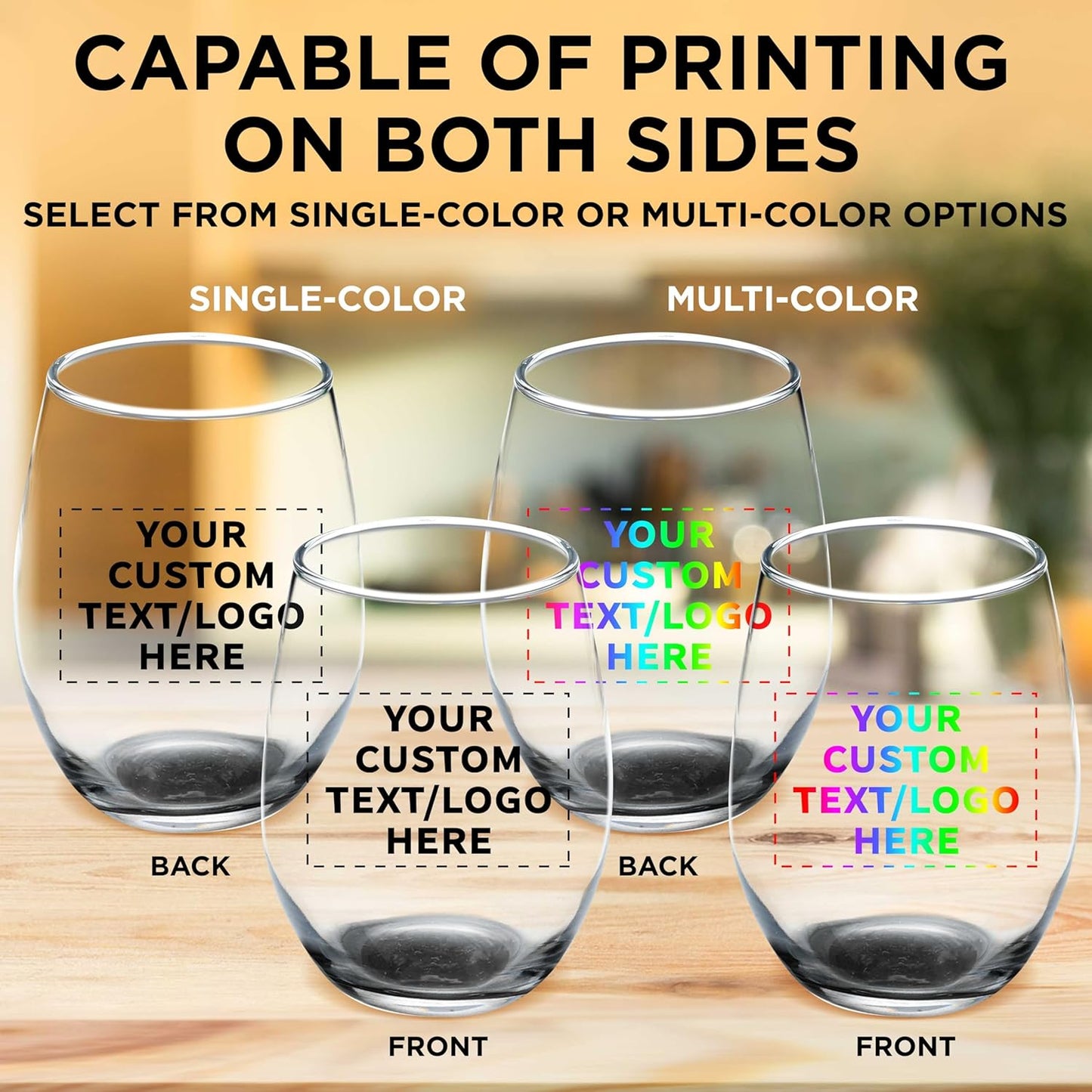 Custom Stemless Wine Glass 9 oz. Set of 100, Personalized Bulk Pack - Great for Wedding Favors, Bachelorette Party Decorations, Party Fovors, Color Bottom - Black