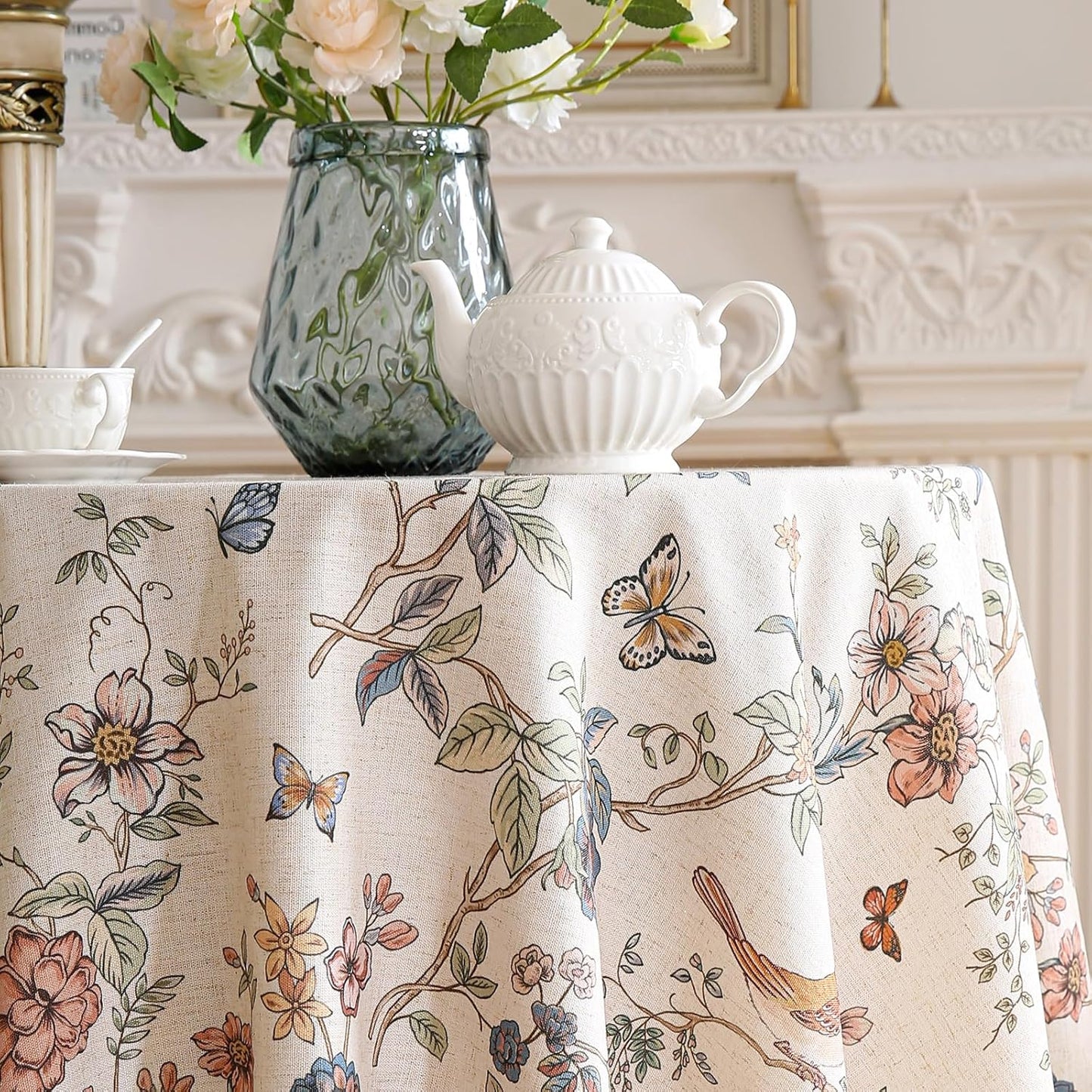 ISAENNE Designer French Light Beige Round Tablecloth,Linen Florals and Birds Pattern Table Cloth,Anti-Wrinkle Decorative Tablecloths for Dining Thanksgiving Kitchen,Diameter 67"-Cornucopia
