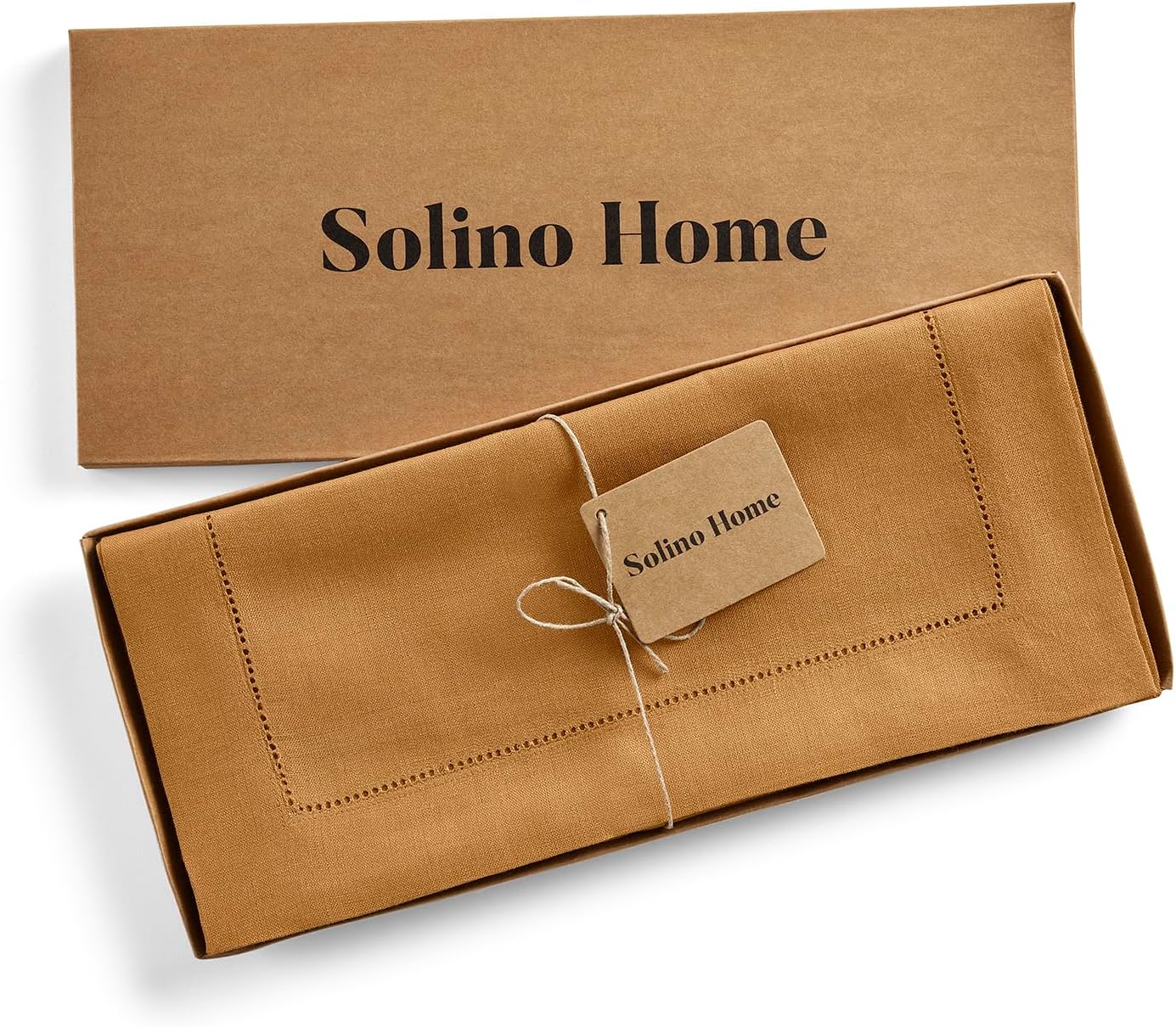 Solino Home Linen Table Runner 36 Inches - 100% Pure Linen Brown Sugar Hemstitch Table Runner 14 x 36 Inch Ideal for Dresser and Coffee Tables - Fall, Autumn, Thanksgiving - Classic Hemstitch