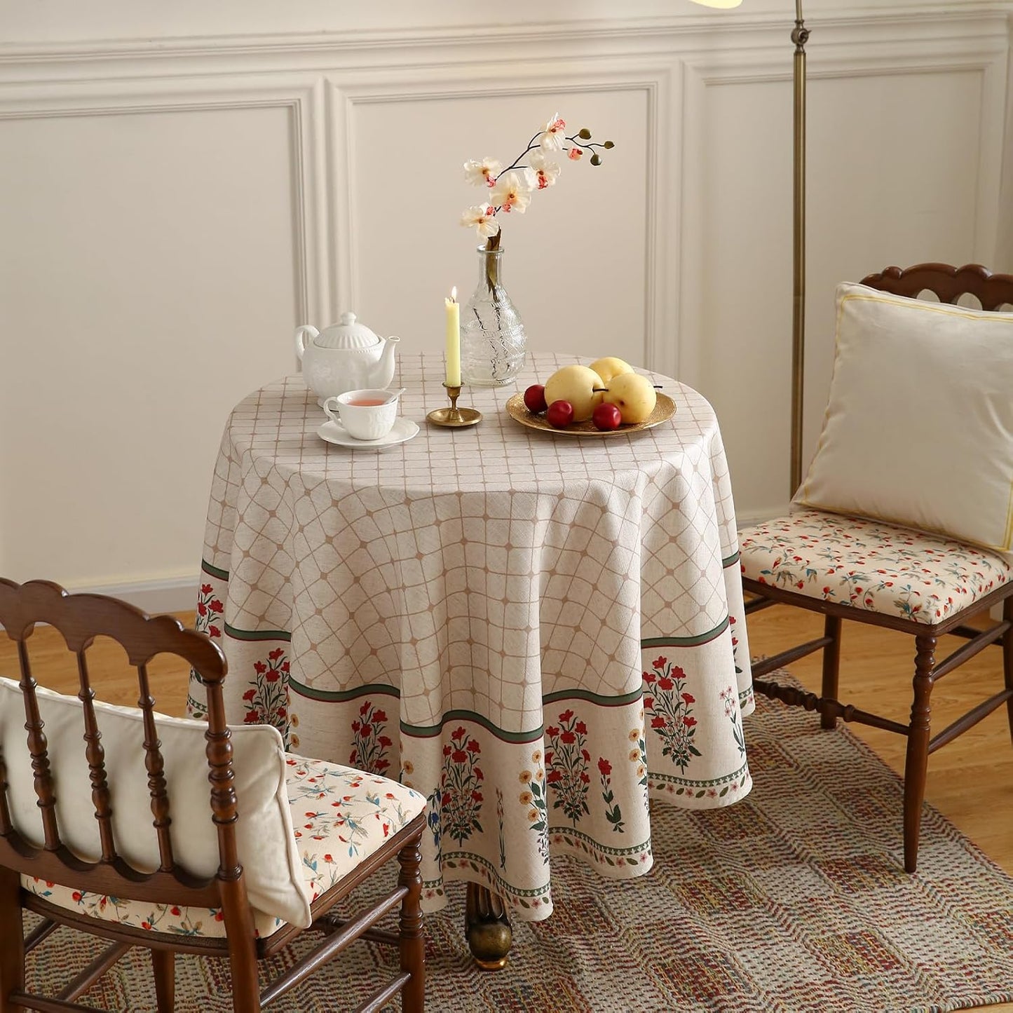 ISAENNE Designer Vintage Linen Floral Small Round Tablecloth,Fall Colorful Modern Table Cloth,Anti-Wrinkle Decor Tablecloths for Dining Thanksgiving Kitchen Christmas,Diameter 55"-Bertina E