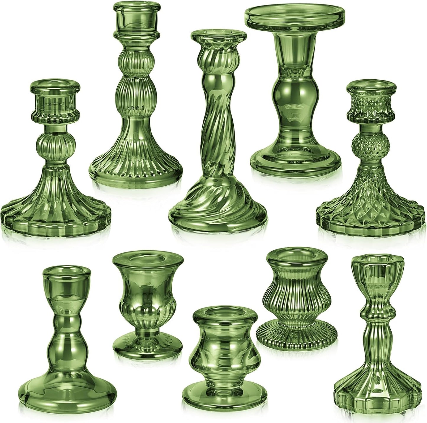 Mumufy 10 Pcs Glass Crystal Taper Candle Holders Clear Glass Candlestick Holder Fit 0.8 Inch Candles Crystal Decorative Candle Stand Centerpiece Table Wedding Dining Party (Classic,Green)