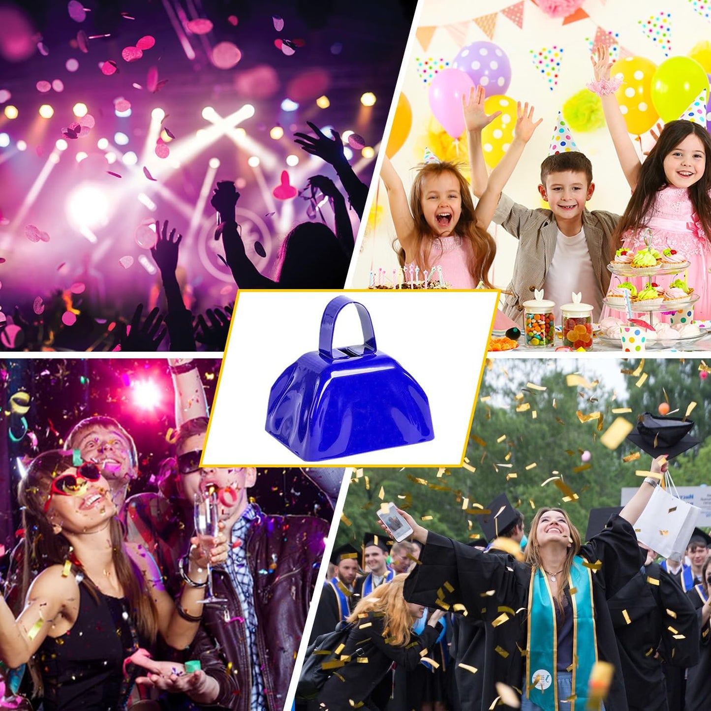 Metal Cow Bell Noise Maker - 3 Inch Pack of 4 - Small Loud Metal Cowbell Noisemaker with Handle - Great for Football Games, Sporting Events, Weddings, New Year's Eve, Birthday Parties