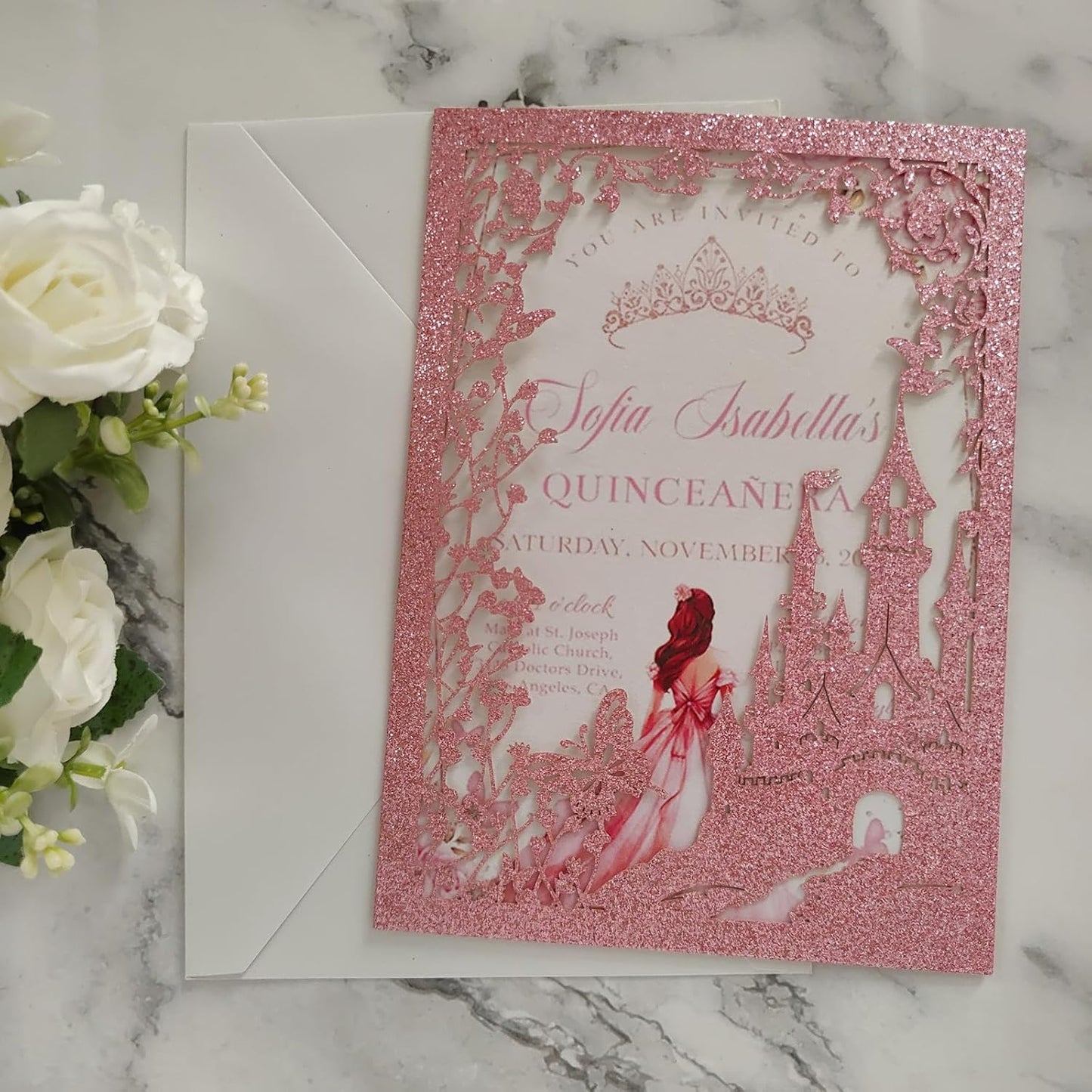 20PCS Castle Pocket Invitations, Quinceanera Invitations with Envelopes, Princess Invitation, Laser Cut quince invites (glitter pink)