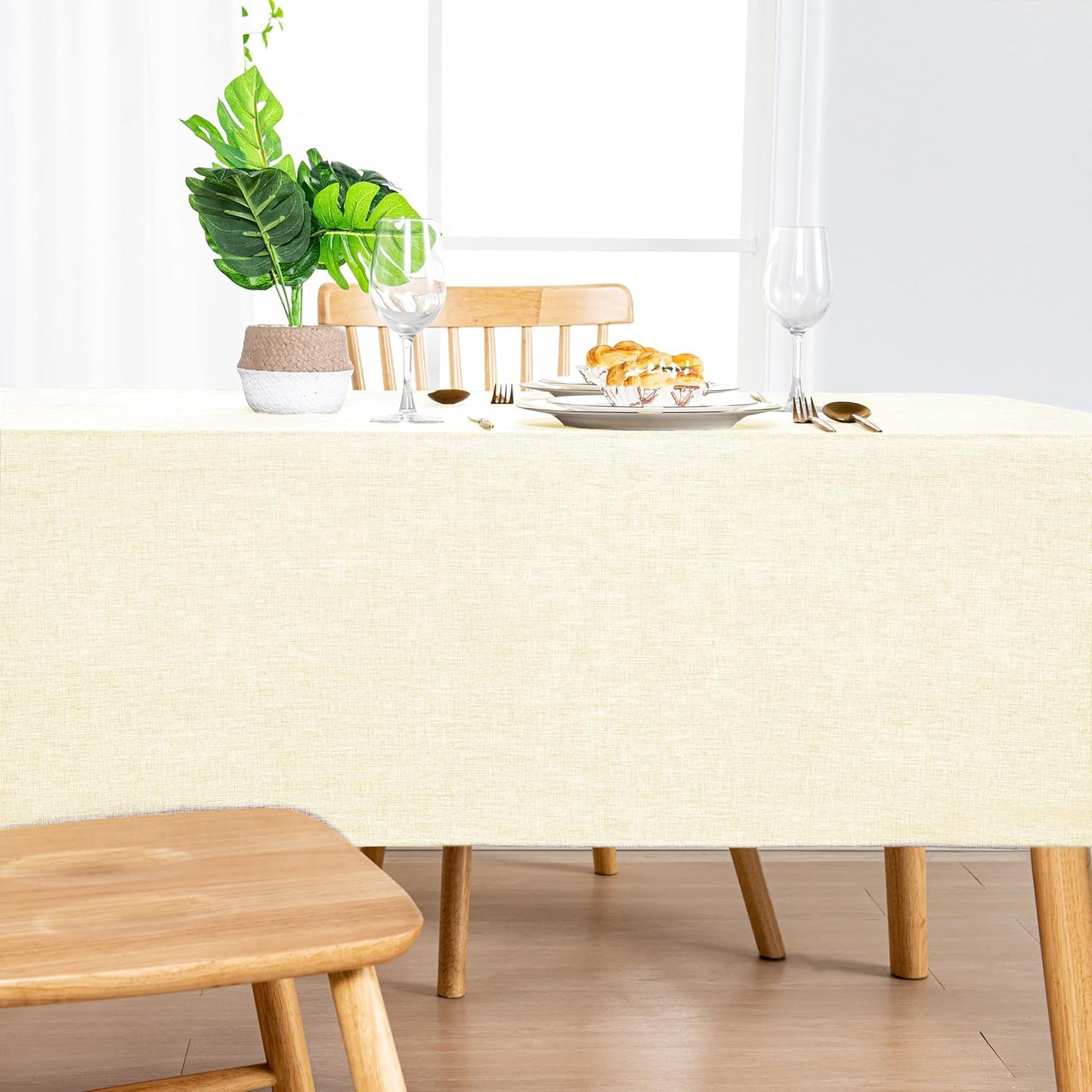 Hiasan 2 Pack Faux Linen Rectangle Tablecloth - Wrinkle and Stain Resistant Washable Table Cloth for Kitchen Dining Room Holiday Table Cover for Party Dinner, Champagne, 60 x 102 Inch