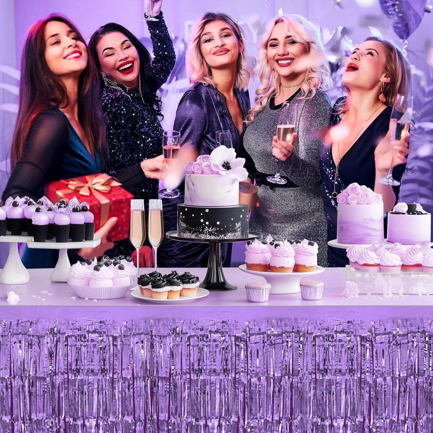 3 Pack Light Pink & Blue & Purple Table Skirts, 29x108" Metallic Foil Tinsel Fringe Table Skirt for Rectangle Tables Streamer Curtains Backdrop, Party Decorations for Birthdays, Weddings, Holidays