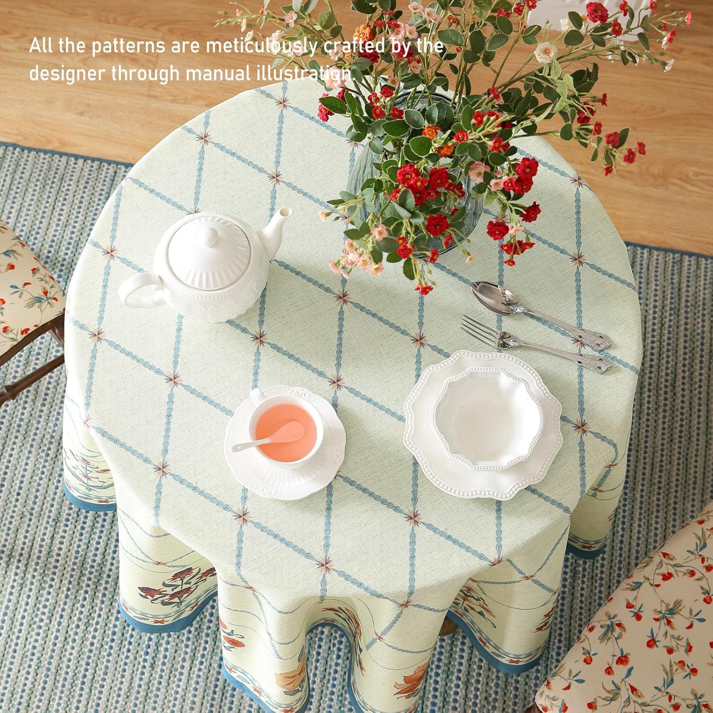 ISAENNE Designer Linen Floral Small Round Tablecloth,Light Green Farmhouse Durable Table Cloth,Washable Decor Tablecloths for Dining Kitchen Thanksgiving Christmas,Diameter 55"-Floralsea B