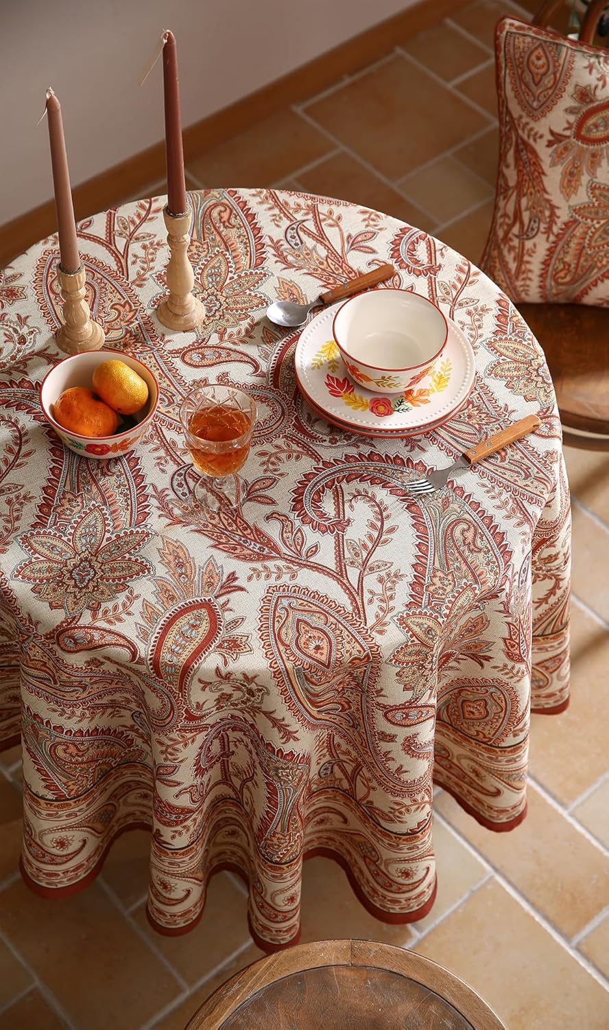 ISAENNE Designer French Red Round Square Tablecloth,Linen Table Cloth with Cashew Pattern,Stain Proof Decor Tablecloths for Dining Thanksgiving Kitchen Christmas,Diameter 55"-Chauffrey D