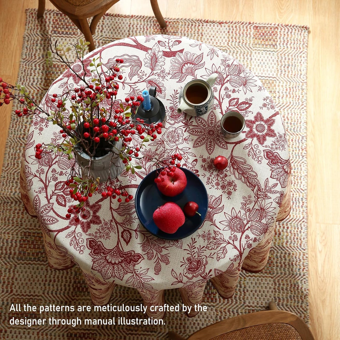 ISAENNE Designer French Linen Round Tablecloth,Red Floral Washable Indoor Table Cloth,Durable Home Decor Tablecloths for Dining Thanksgiving Kitchen Party Christmas,Diameter 67"-Ruyi A