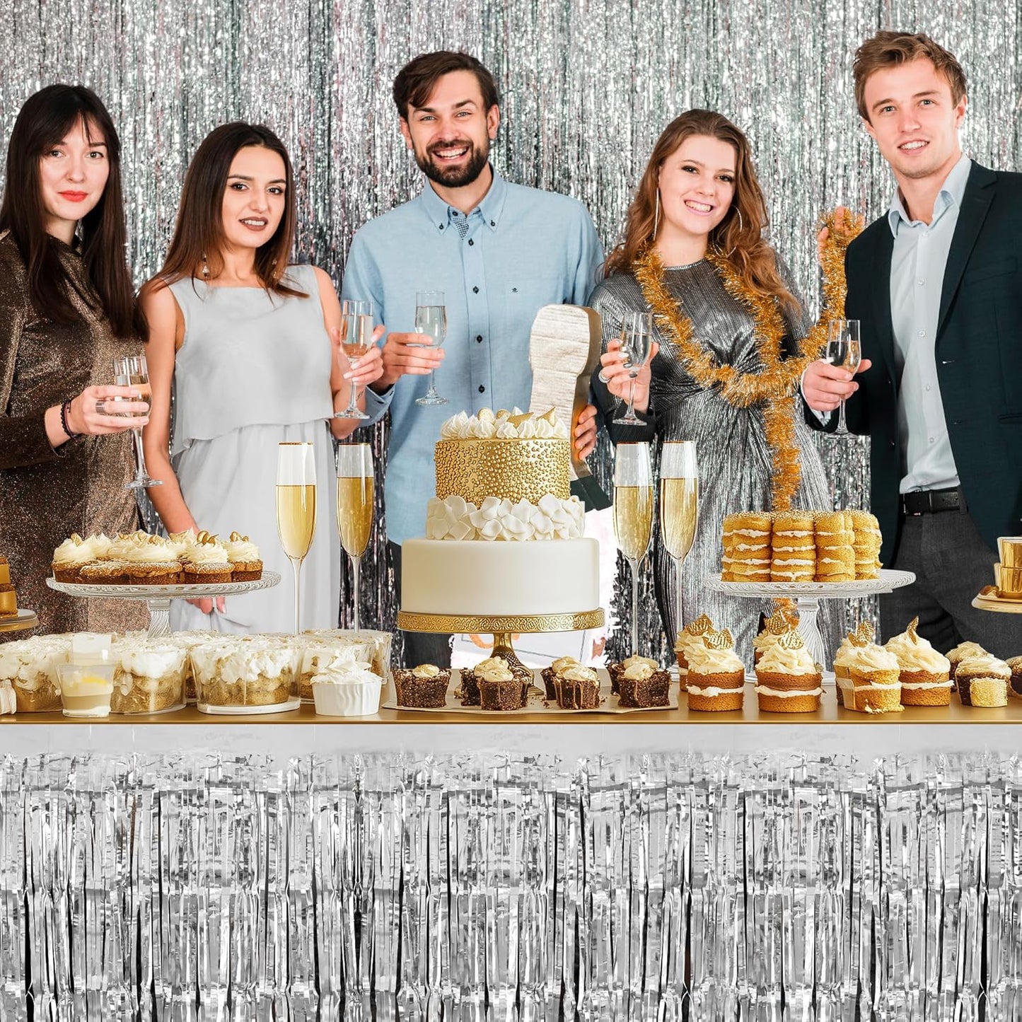 3 Pack Red Green Silver Table Skirts, 29x108" Metallic Foil Tinsel Fringe Table Skirt for Rectangle Tables Streamer Curtains Backdrop, Party Decorations for Birthdays, Weddings, Holidays