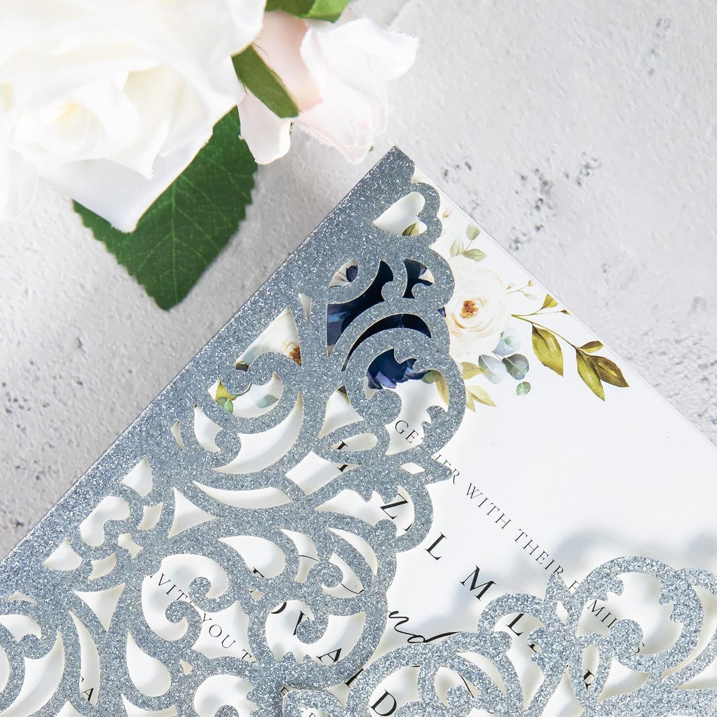 20Pcs Silver Glitter Laser Cut Invitation Cards With Blank Inner Sheets for Wedding Cards Bridal Shower Engagement Quinceanera Invitation (No Envelopes)