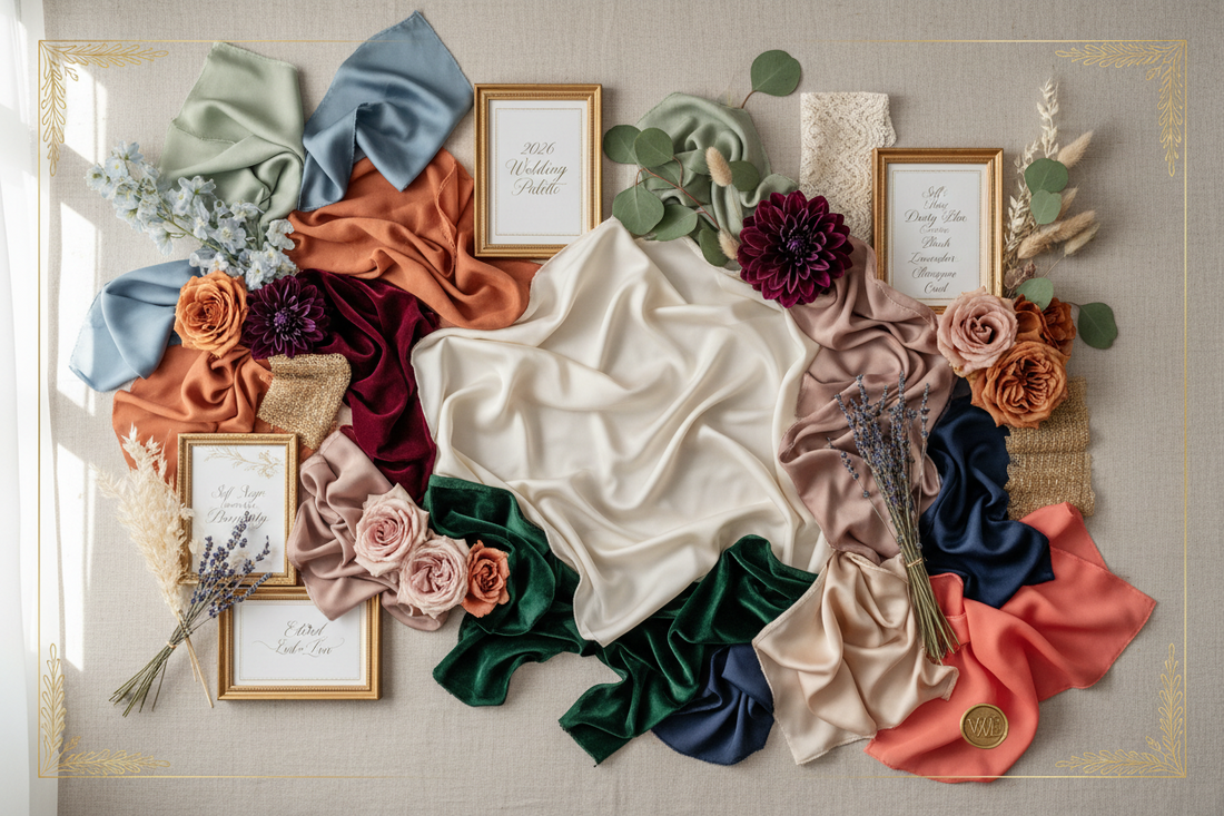 2026 wedding color palette inspiration featuring trending combinations including soft sage and terracotta, dusty blue and mauve, burgundy and blush, emerald and gold, displayed as elegant fabric swatches and floral elements