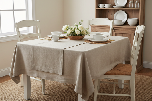 Natural beige linen tablecloth on small dining table in cozy dining room with elegant French country farmhouse decor and simple table setting
