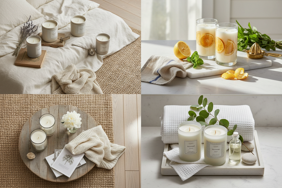 Elegant flat lay of premium scented candles for different rooms including lavender for bedroom, citrus for kitchen, eucalyptus for bathroom, and vanilla for living room, styled with linen fabrics and fresh flowers in French country aesthetic