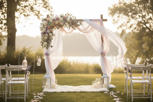 Elegant budget-friendly wedding ceremony setup with chiffon arch draping, faux flower arrangements, and romantic candlelight creating a magical atmosphere