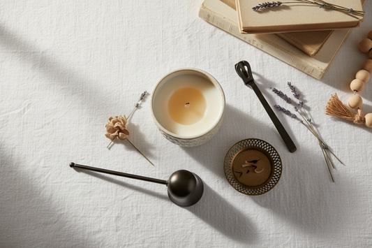 Elegant candles with wick trimmer and candle snuffer on white linen tablecloth demonstrating proper candle care techniques for longer burn time"