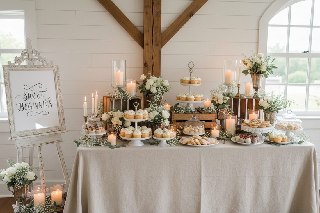Elegant wedding dessert table styled with tiered cake stands, vintage easel display, and fresh flowers on cream linen tablecloth