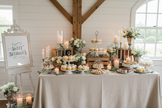 Elegant wedding dessert table styled with tiered cake stands, vintage easel display, and fresh flowers on cream linen tablecloth