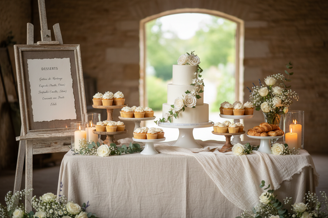 legant dessert table display with tiered wedding cake, vintage wooden easel holding menu card, cake stands at varying heights, ivory linen tablecloth, fresh white flowers and candles for wedding or event styling