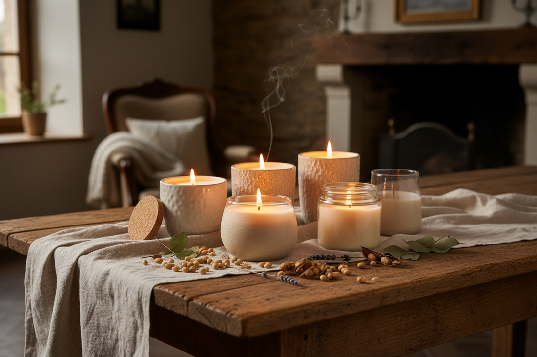 Natural soy candles burning on rustic wooden table with linen tablecloth, showcasing eco-friendly home decor and clean-burning candle benefits