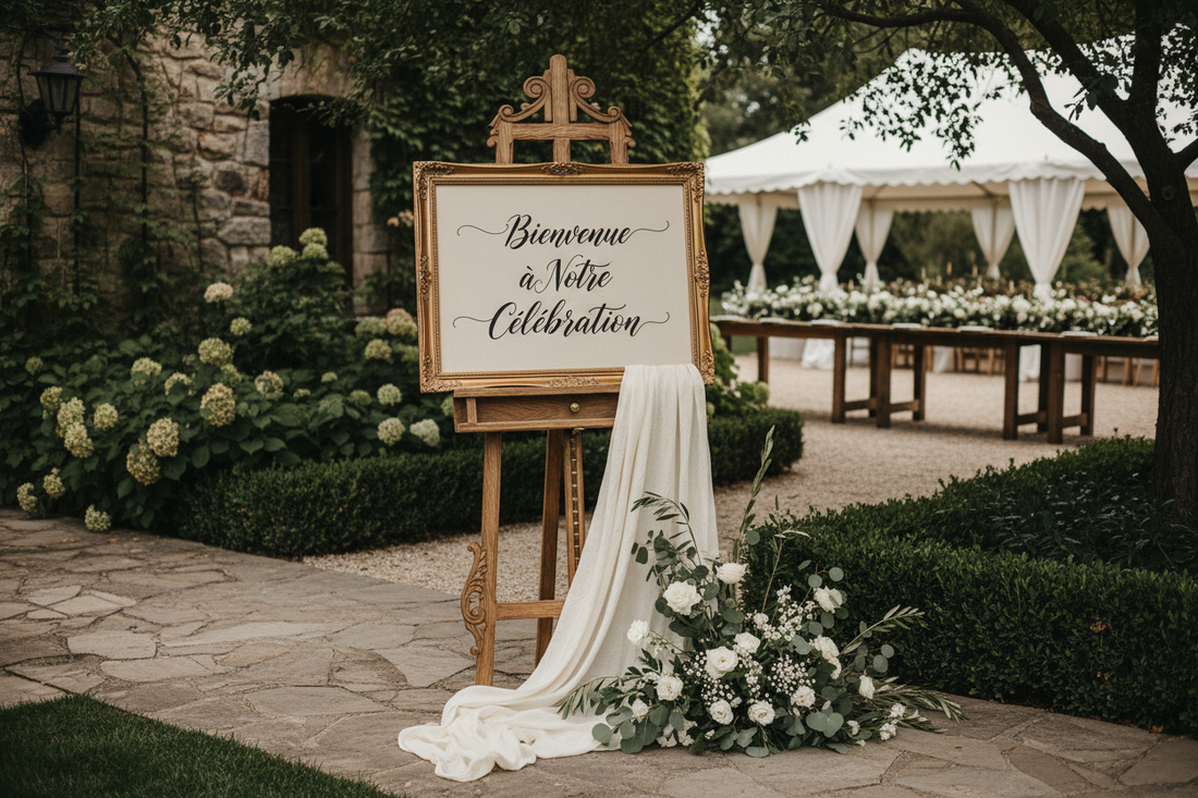 Elegant vintage wooden easel displaying welcome sign with linen draping and floral arrangement at upscale event